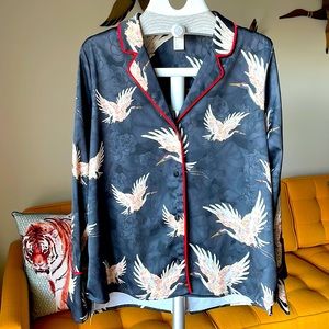 H&M - Black-Crane print-Kimono button up shirt